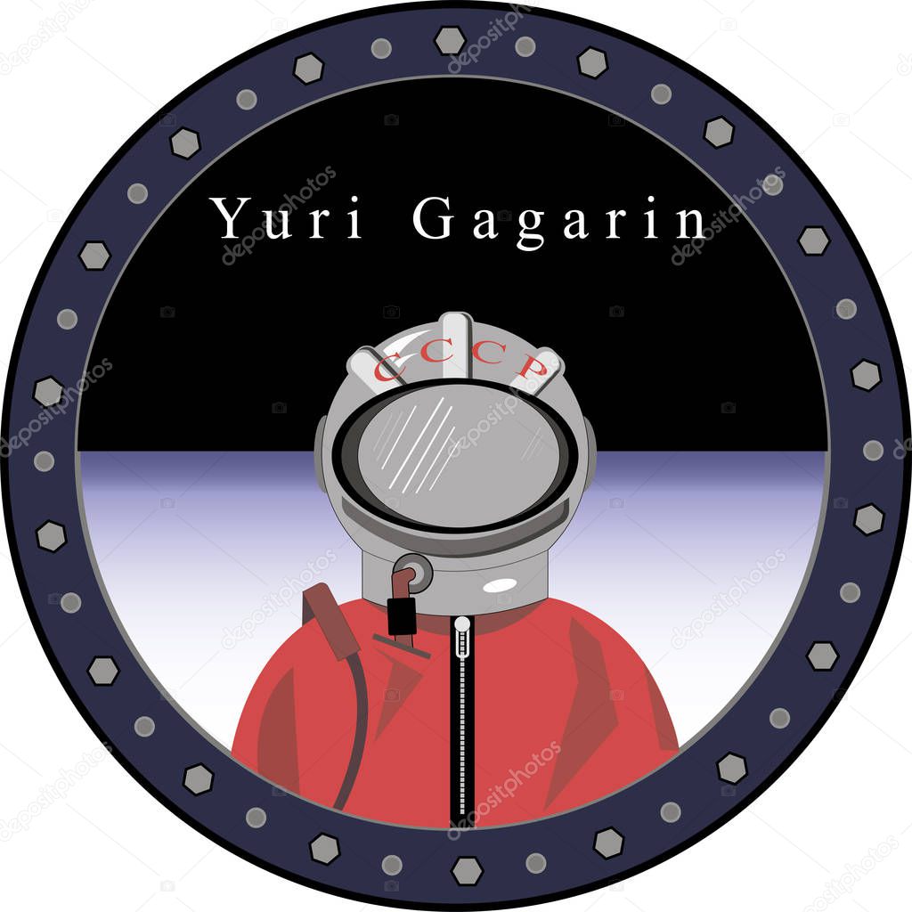 cosmonaut Yuri Gagarin in the porthole