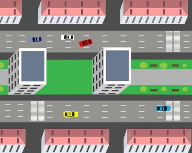 Şehir manzarası. Şehrin merkez kısmının en üst görüntüsü. Vektör illüstrasyonu.