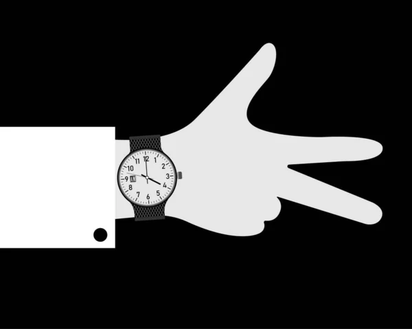 Affiche en noir et blanc avec l'image d'une montre classique sur sa main. Main avec les doigts écartés. Illustration vectorielle . — Image vectorielle