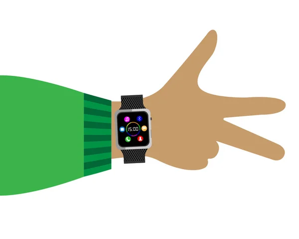 Barevný plakát s obrázkem chytrých hodinek na ruce teenagera. Ruka s roztaženými prsty. Vektorová ilustrace. — Stockový vektor