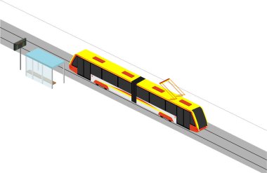 Modern bir tramvayın hareketi. Durup rota çizelgesi. Beyaz arkaplanda Isometry Vektör illüstrasyonuName.