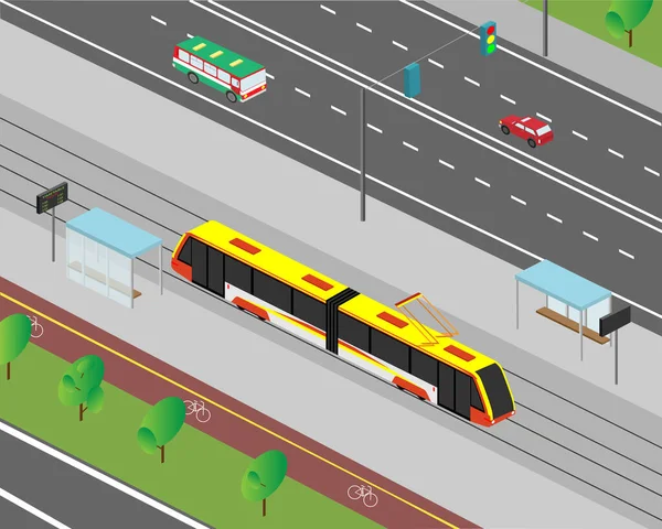 Stadsgatan i isometrisk vy. Vägtrafik med motorfordon och spårvagnar. Vektorillustration. — Stock vektor