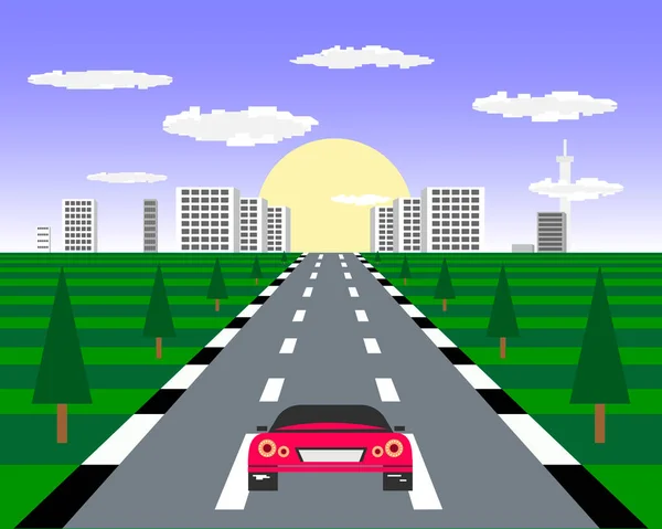 Antiguo Juego Computadora Carrera Píxeles Paseos Coche Deportivo Carretera Contra — Vector de stock