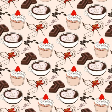 Seamless theme pattern with a cup of coffee, grains, dessert. Bright illustration suitable for decoration, design, print, fabrics. clipart