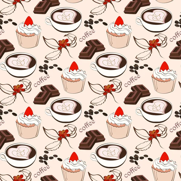 コーヒー デザートのカップとシームレスなテーマパターン デザイン 生地に適した明るいイラスト — ストックベクタ