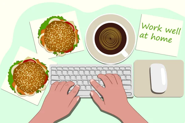 Lugar Trabajo Computadora Casa Con Una Pausa Para Comer Deliciosas — Vector de stock