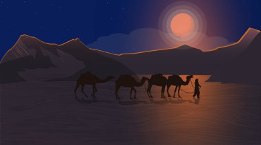 Gece çöl manzarası. Deve kervanı kum tepelerine gider. Ayın güzel parlaklığı, dağların arka planına karşı. Vektör illüstrasyonu.