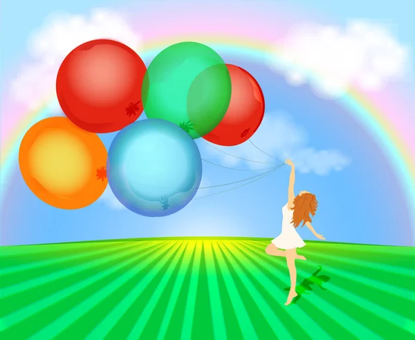 Ilustración Una Hermosa Joven Con Globos Colores Sobre Fondo Nubes — Archivo Imágenes Vectoriales