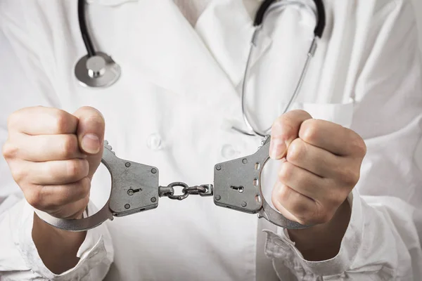 Handcuffed doctor. Medical malpractice and error concept