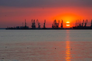 Ateşli günbatımı gökyüzü ve deniz ile güzel bir manzara. Gün doğarken kıyıda liman. Turna siluetleri ateşli, turuncu ve kırmızı gökyüzüne karşı.