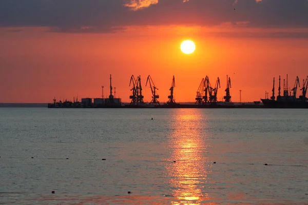 Beautiful Landscape Fiery Sunset Sky Sea Harbor Coast Sunrise Cranes — Stock Photo, Image