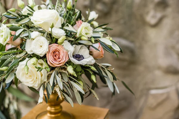 Close up of floral wedding decoration with fresh pastel flowers