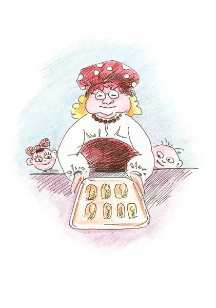 Hand drawing grandmother with baked buns and grandkids