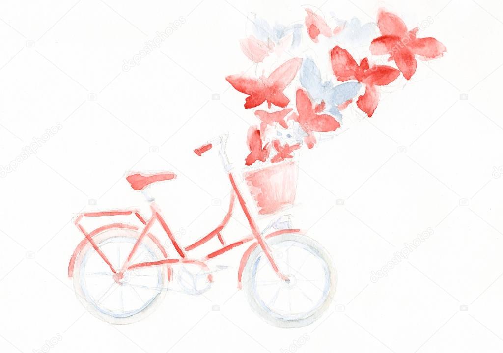Hand drawing bicycle with butterflies flying from basket 