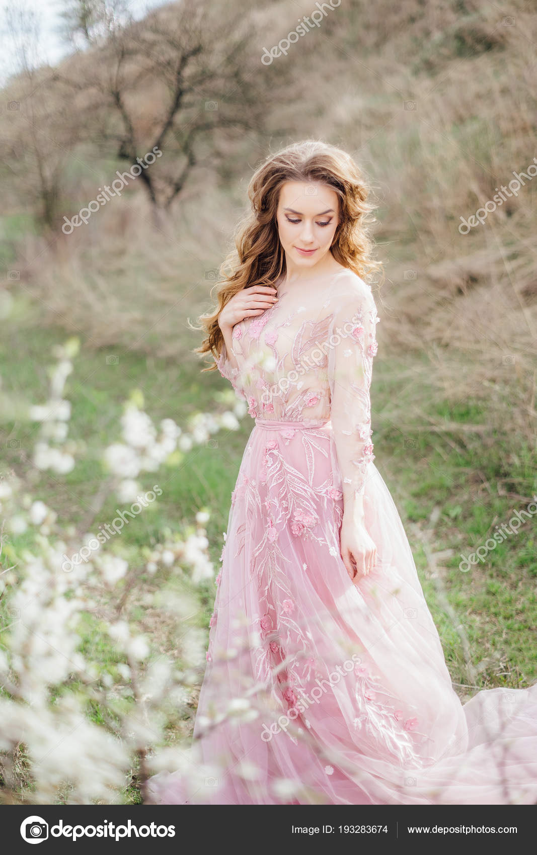 Young Beautiful Woman Posing Outdoors Pink Dress Nature Landscape ...