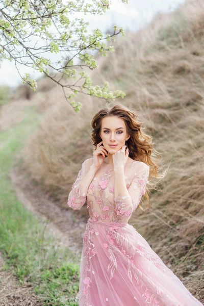 Giovane Bella Donna Posa All Aperto Abito Rosa Natura Paesaggio — Foto Stock