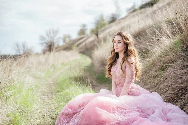 Junge Schöne Frau Posiert Freien Rosa Kleid Natur Landschaft Auf — Stockfoto