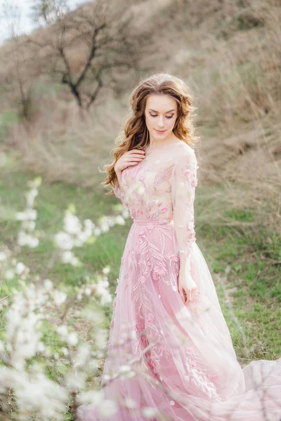 Giovane Bella Donna Posa All Aperto Abito Rosa Natura Paesaggio — Foto Stock