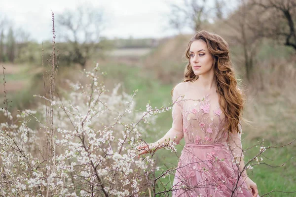 Giovane Bella Donna Posa All Aperto Abito Rosa Natura Paesaggio — Foto Stock