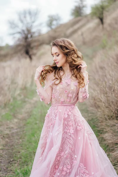 Junge Schöne Frau Posiert Freien Rosa Kleid Natur Landschaft Auf — Stockfoto