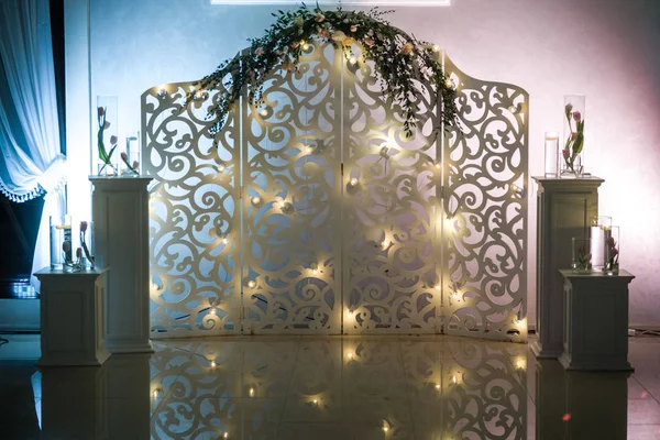 Foto Close Bela Decoração Casamento Com Flores Luzes — Fotografia de Stock