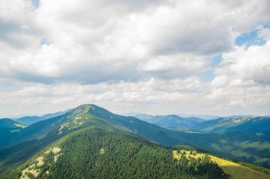 Karpat yaz manzarası, dağlar ve mavi gökyüzündeki bulutlar. Genç ağaçlar gökyüzüne karşı.