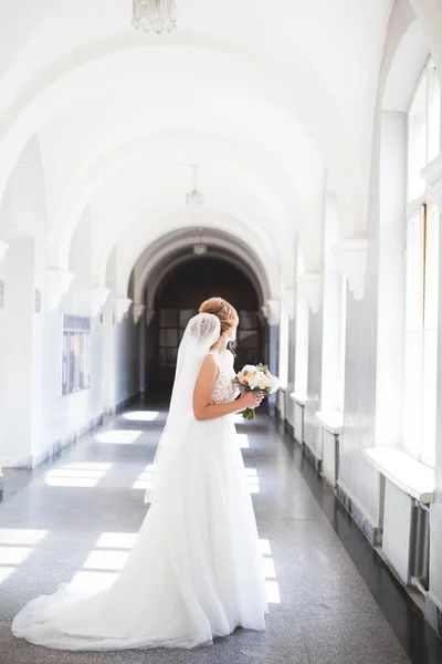 A noiva em um lindo vestido de noiva com um longo véu fica na frente de uma grande janela e olha para fora da janela — Fotografia de Stock