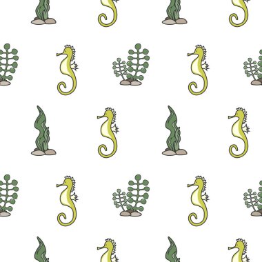 Deniz seamless modeli altında. Deniz atı ile vektör arka plan