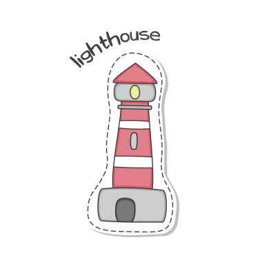 Beyaz arka plan üzerinde llighthouse ile etiket. Vektör illustratio