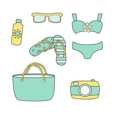 Sevimli yaz simgeler kümesi. Web, kart, poster, etiket için mükemmel 