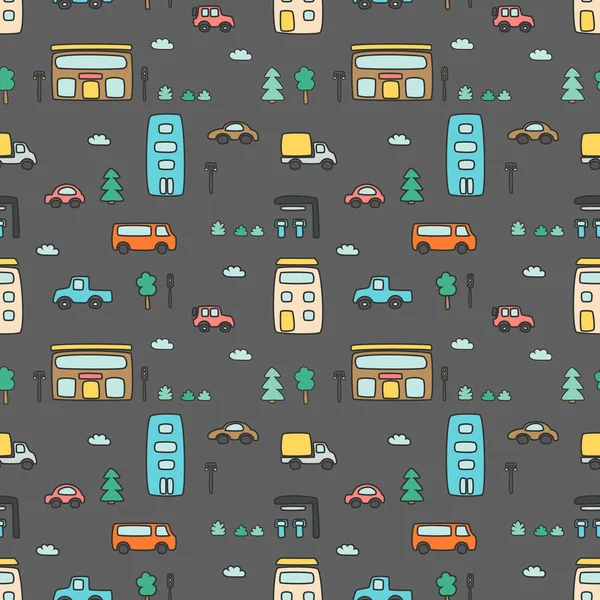 Seamless pattern with hand drawn city print. Cartoon skyscraper,