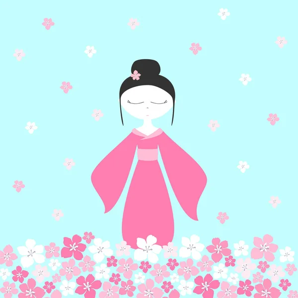 Carte avec fille japonaise, festival hanami, saison des fleurs de sakura . — Image vectorielle