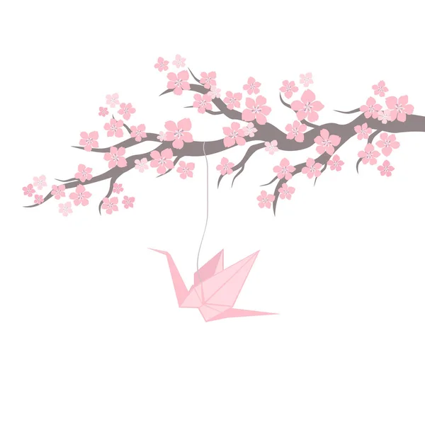 Flor de cerejeira com origami no fundo branco. Vetor Illustra — Vetor de Stock