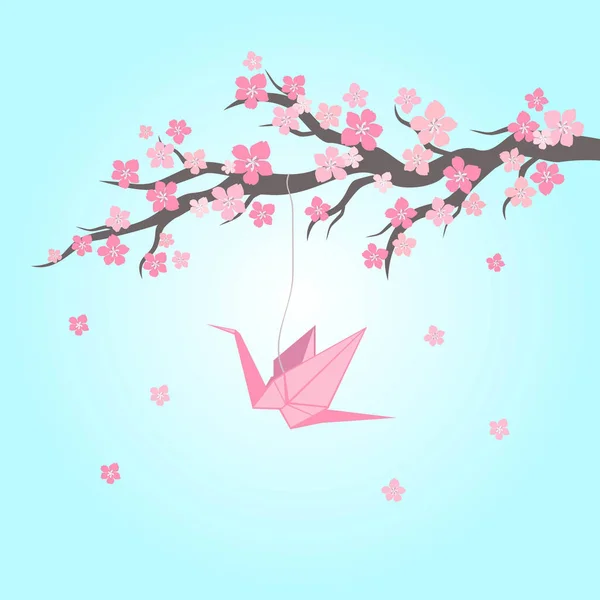 Kirschblüte mit Origami auf blauem Hintergrund. Vektorillustration — Stockvektor