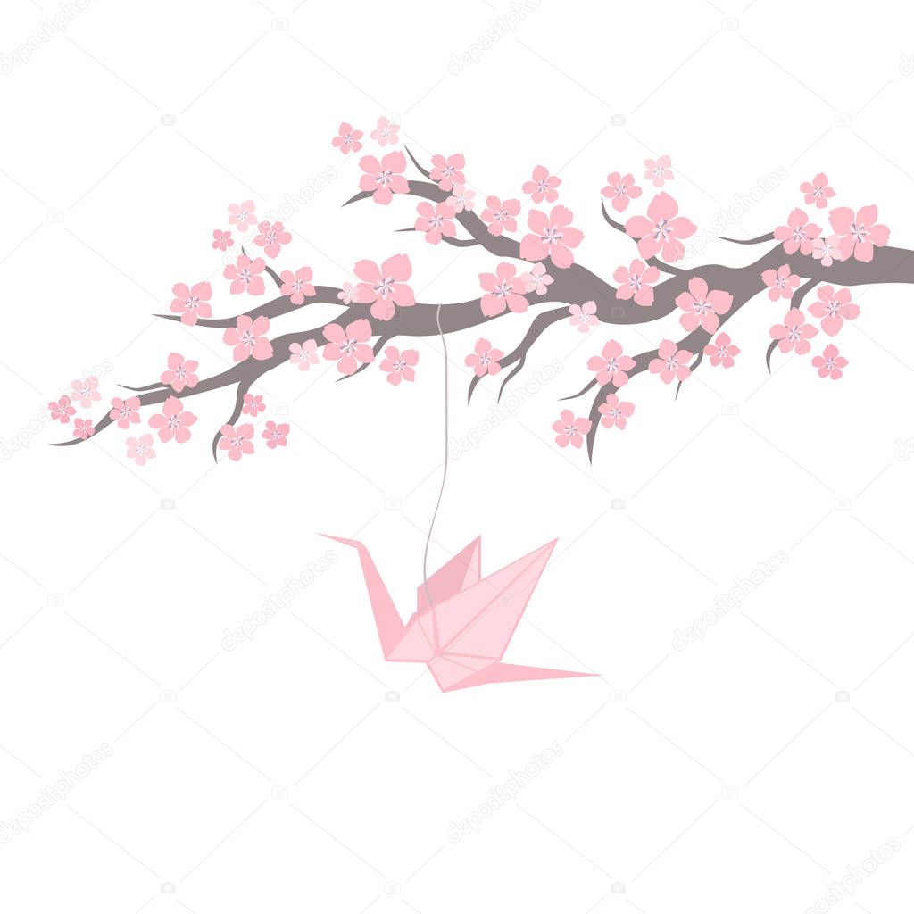 Cherry blossom with origami on white background. Vector Illustra