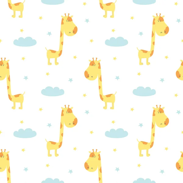 Бесшовный рисунок с милым жирафом, облаками и звездами. Векторное заболевание — стоковый вектор