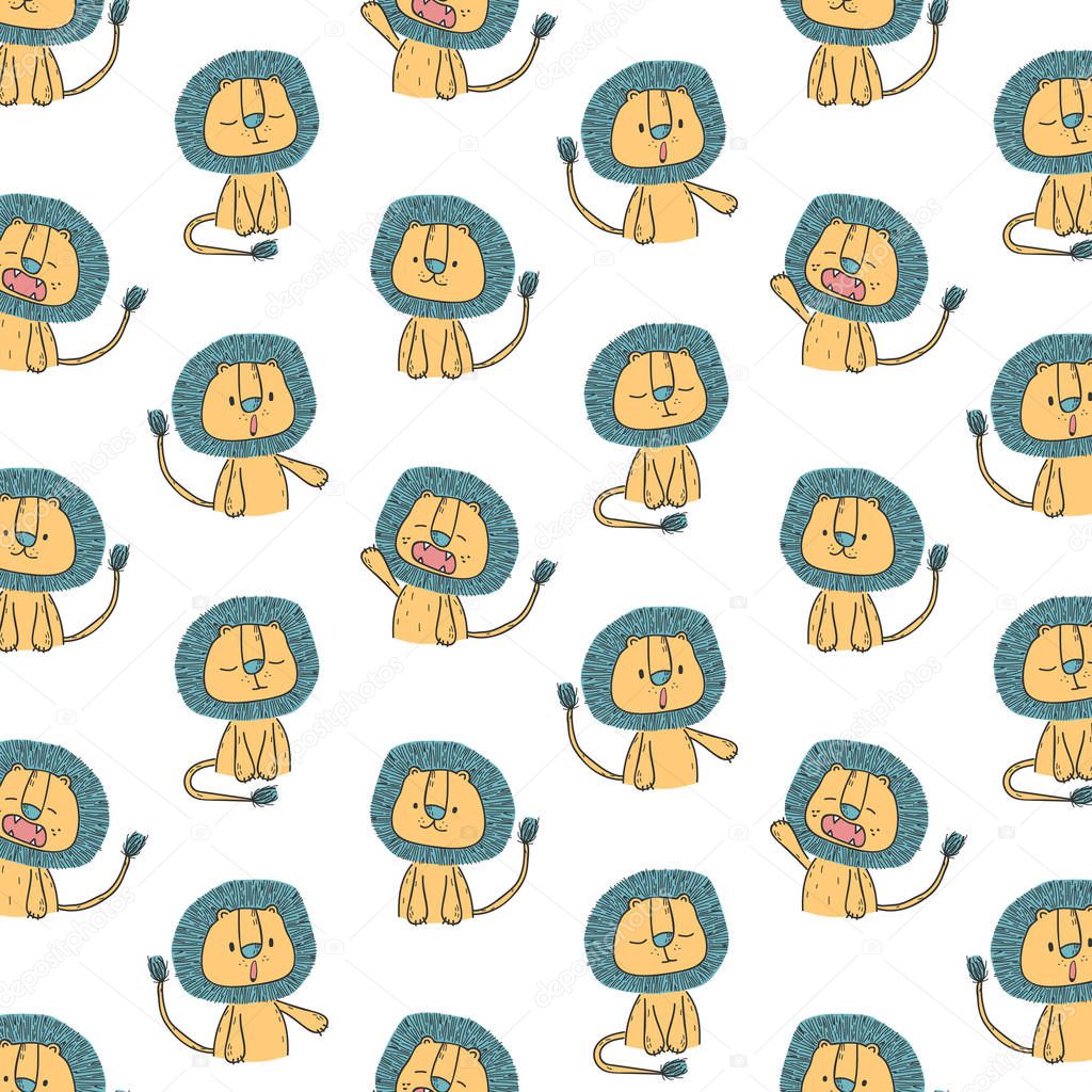 Seamless pattern with cute cartoon lion. Vector illustration