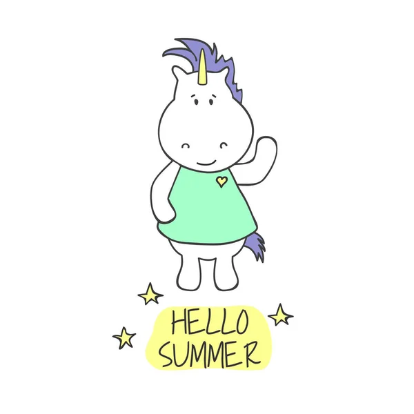Illustration avec licorne mignonne. Bonjour l'été. Illustration vectorielle — Image vectorielle