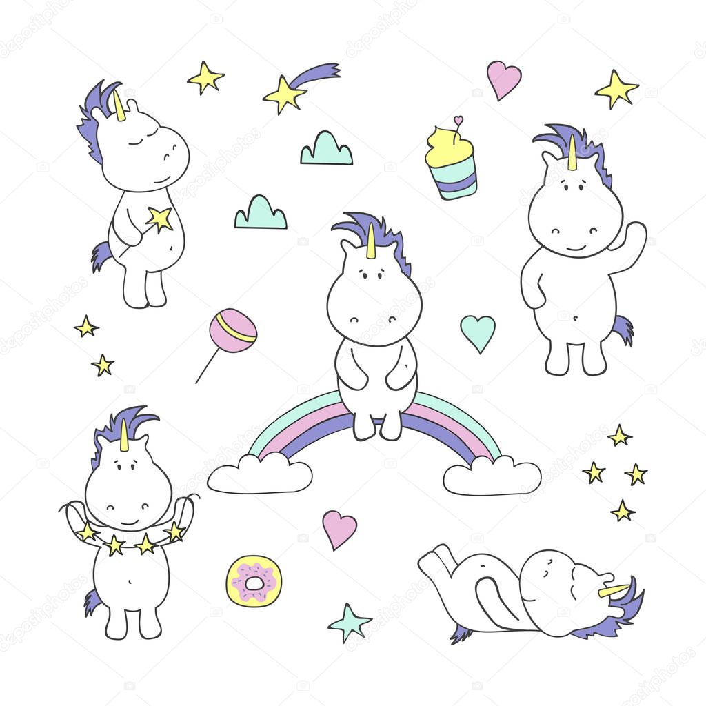 Set with cute unicorns on white background. Vector illustration.