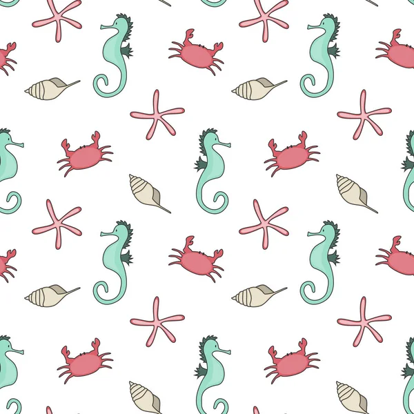 Cute seamless pattern with seahorse, crab, seshell, sea star. V — стоковый вектор