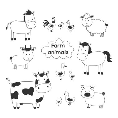 Çiftlik hayvanları düz stil beyaz arka plan üzerinde vektör illüstrasyon izole ayarlayın. Sevimli çizgi hayvan koleksiyonu: koyun, keçi, inek, eşek, at, domuz, kedi, köpek, ördek, kaz, tavuk, tavuk, horoz.