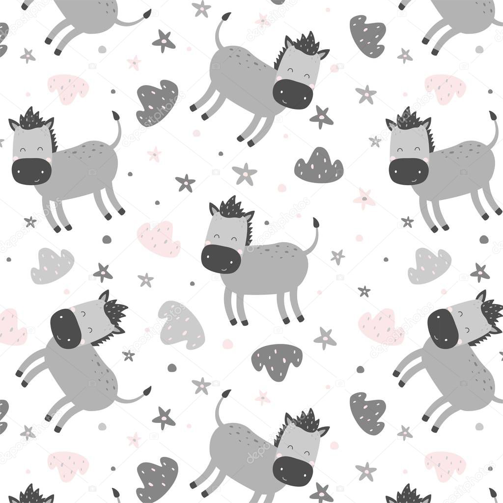 Baby donkey pattern Vector children print with animals on white background Neutral modern illustration
