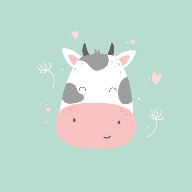 Vektör şirin inek, nane arkaplanda tırman Pastel renkler Çiçekli bebek hayvan Çocuk odası duvar sanatı