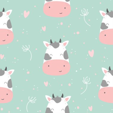 Çizgi film ineği, kalbi ve nane arkaplanda yeşilliği olan kusursuz bir desen..