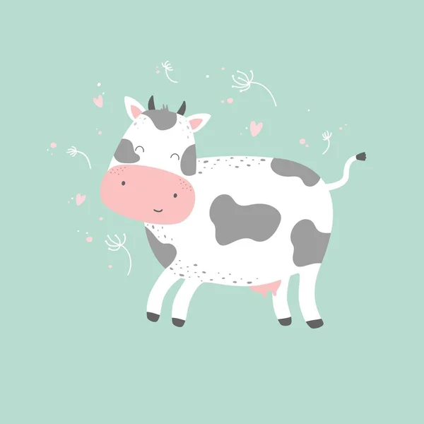 Cute Cartoon Character Cow Print Baby Shower Party Vector Print — Stock Vector