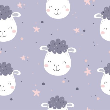 Şirin hayvanlar ve yıldızlarla vektör kusursuz desen Bebek Koyun Dijital Kağıt Çocuk arka planı