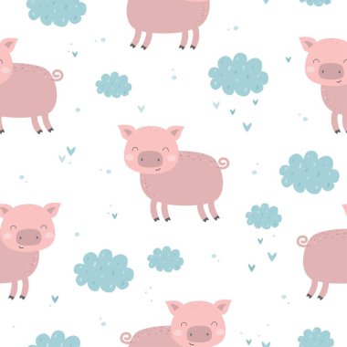Şirin hayvanlar ve bulutlarla kusursuz bir şablon. Bebek domuz dijital kağıt. Çocuk arka planı.