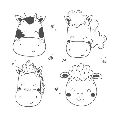 Set of hand drawn cute farm animals. Vector cow, horse, sheep, donkey.