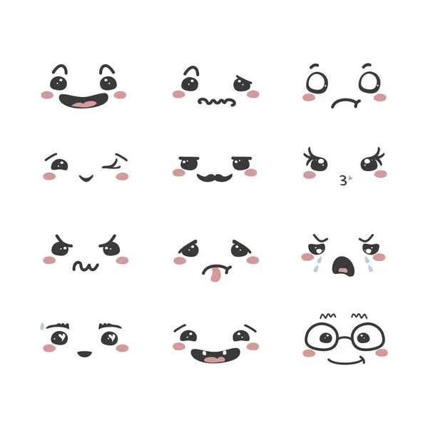 Ensemble Dessins Animés Kawaii Visages Différentes Émotions Illustration Vectorielle — Image vectorielle