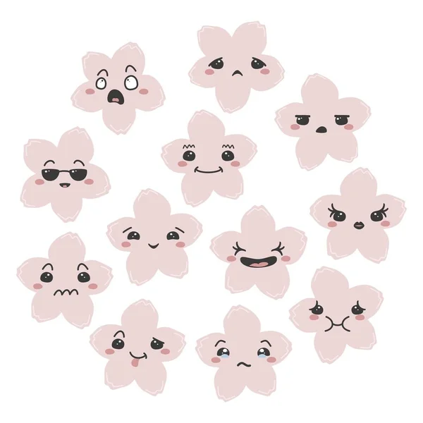 Conjunto Flores Sakura Com Desenhos Animados Rostos Kawaii Emoções Diferentes — Vetor de Stock